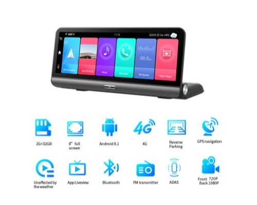 Автореєстратор Android 8" inch touch screen, Android 8.1, 2GB+32GB 4G