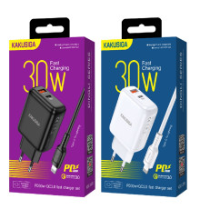 Зарядний пристрій 220V KAKUSIGA KSC-670 (Виходи USB + Type-C) + кабель Type-C-Lightning (Apple) 30W