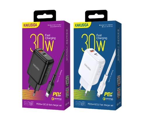 Зарядний пристрій 220V KAKUSIGA KSC-670 (Виходи USB + Type-C) + кабель Type-C-Lightning (Apple) 30W