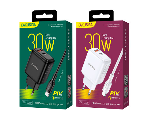 Зарядний пристрій 220V KAKUSIGA KSC-670 (Виходи USB + Type-C) + кабель Type-C-Type-C 30W
