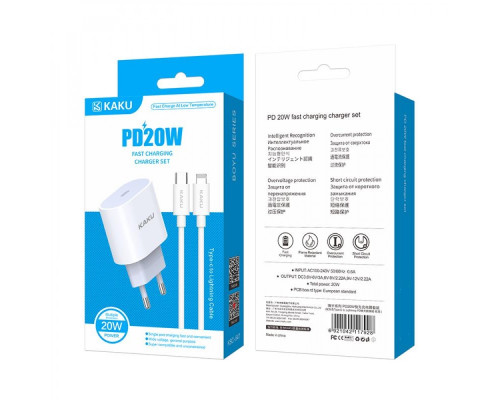 Зарядний пристрій 220V KAKUSIGA KSC-547 (Вихід Type-C) + кабель Type-C-Lightning (Apple) 20W