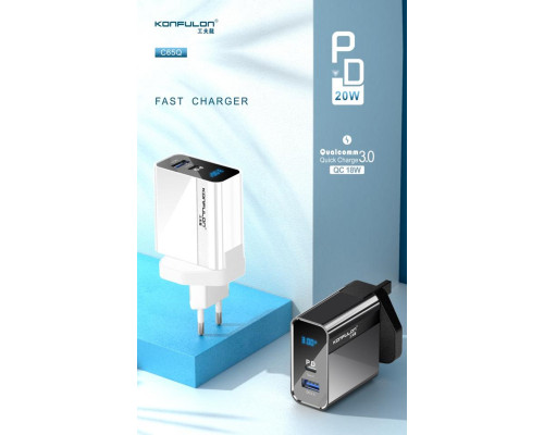 Зарядний пристрій 220V Konfulon C65Q 18W Дисплей Виходи: USB та Type-C