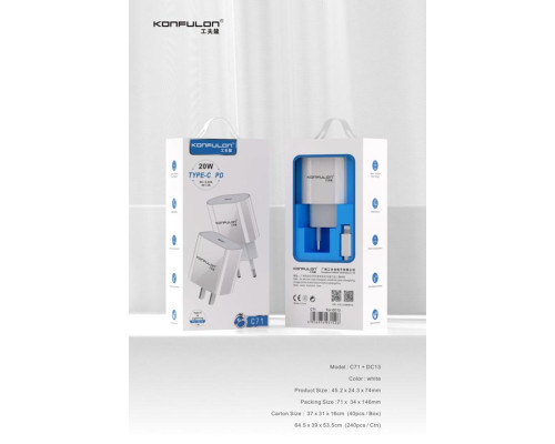 Зарядний пристрій 220V Konfulon C71 (Вихід Type-C) + Кабель DC13 Type-C-Lightning(Apple) 20W 9V/2,22A 5V/3A